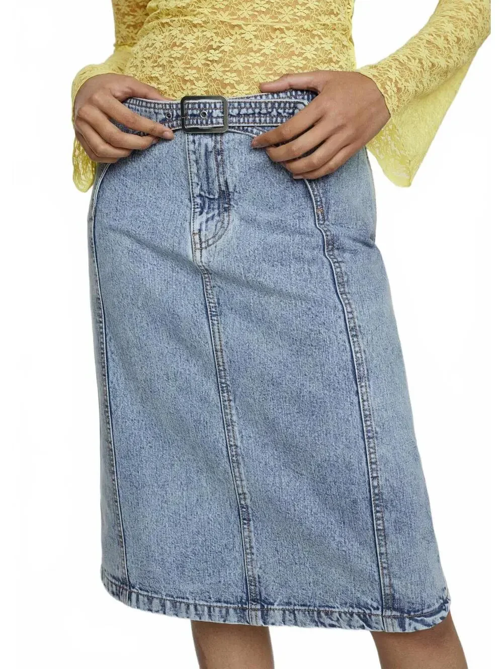 Mango Falda Denim Midi Skirt with Belt Indigo Blue Wash NWT XS